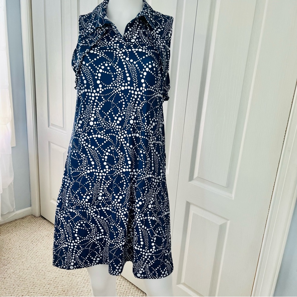 X by Gottex Women Sleeveless Blue & White Print Golf Tennis Dress M Ruffle Trim